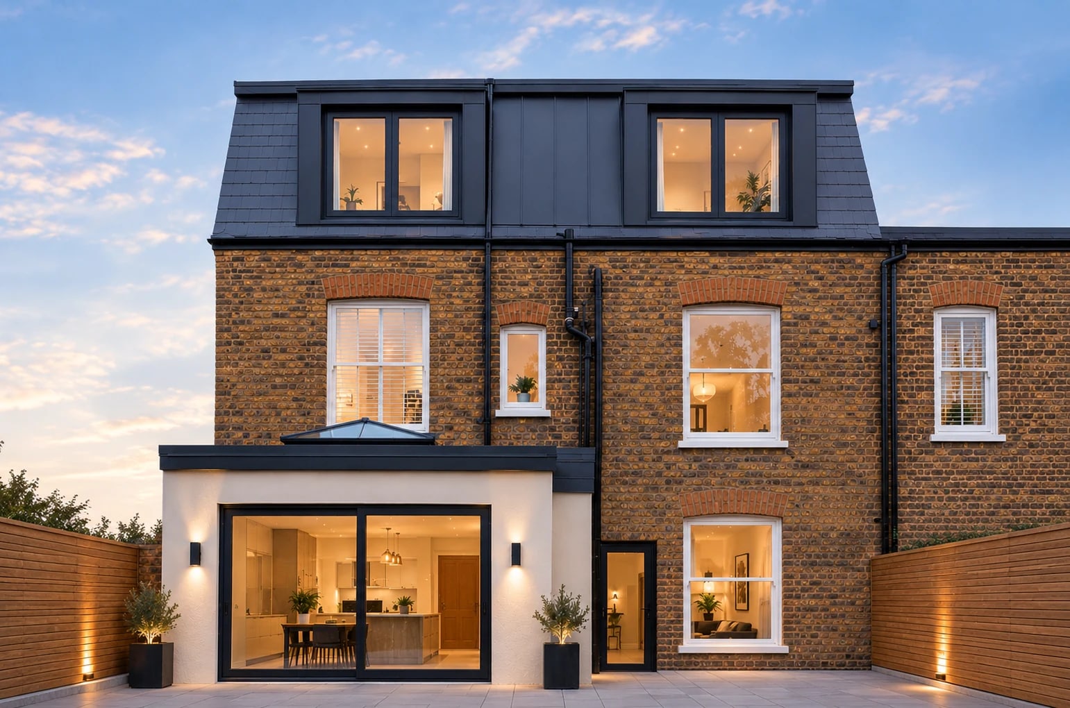 A period brick house with a new mansard roof, a steep lower slope and two large dormer windows